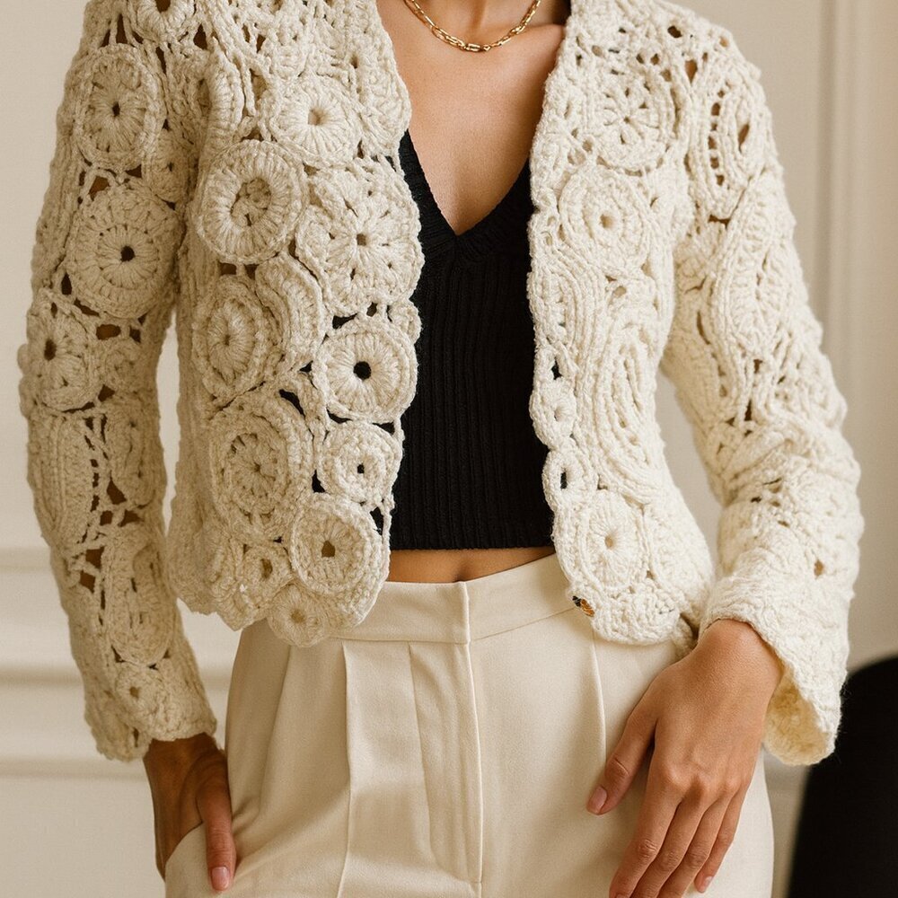 Luxury Crochet Jacket – Handmade Textured Statement Piece in White Size M